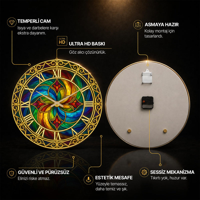 Vitray Çiçek Cam Duvar Saati