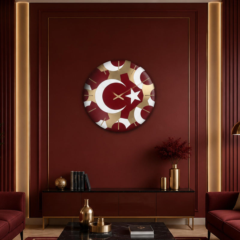 Türk Bayrağı Geometrik Cam Duvar Saati