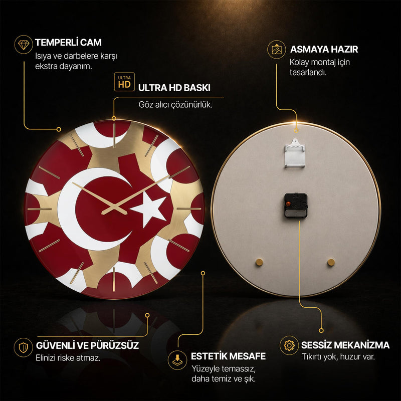 Türk Bayrağı Geometrik Cam Duvar Saati