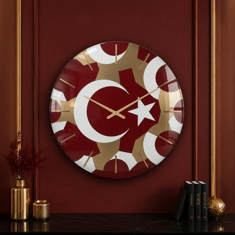 Türk Bayrağı Geometrik Cam Duvar Saati