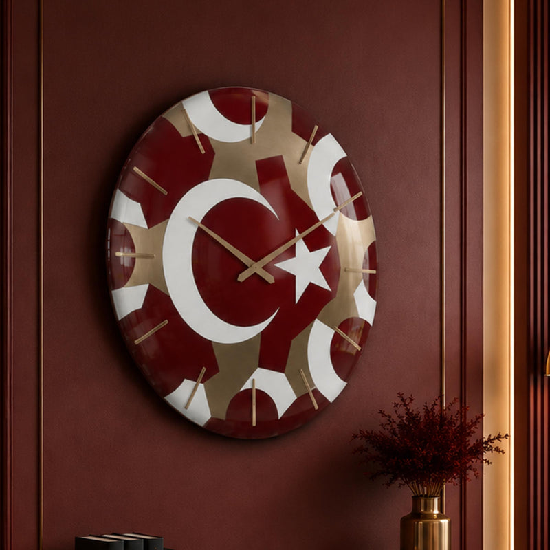 Türk Bayrağı Geometrik Cam Duvar Saati
