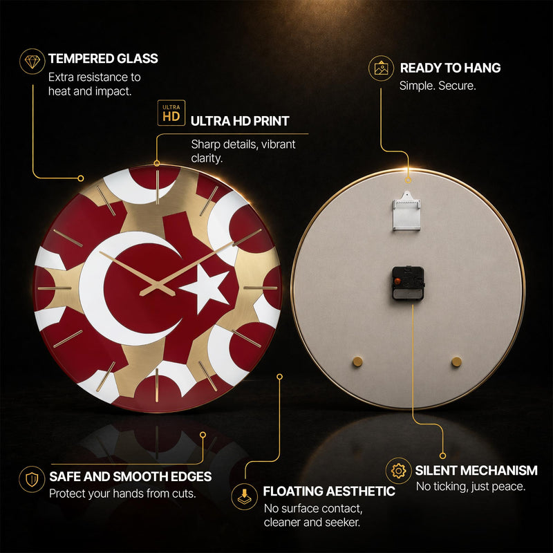 Türk Bayrağı Geometrik Cam Duvar Saati
