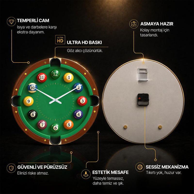 Bilardo Masası Zamanı Cam Duvar Saati