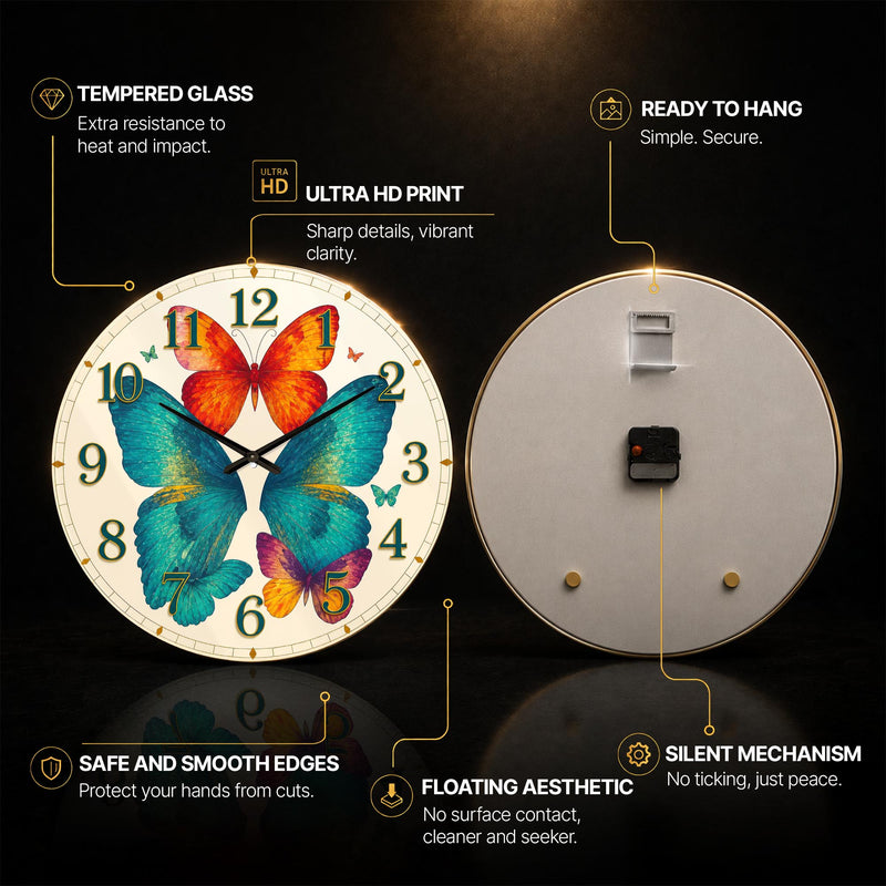 Kelebeklerin Renk Uçuşu Cam Duvar Saati