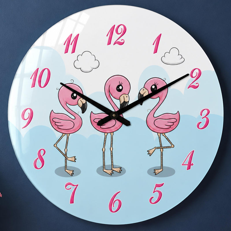 Bulutlarda Üç Flamingo Cam Duvar Saati