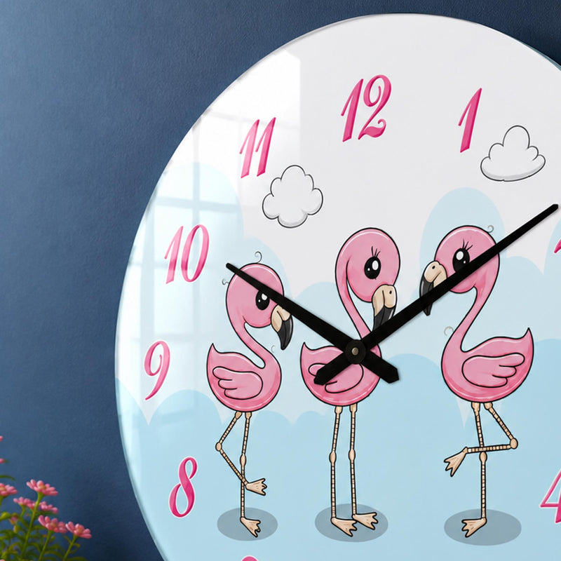 Bulutlarda Üç Flamingo Cam Duvar Saati