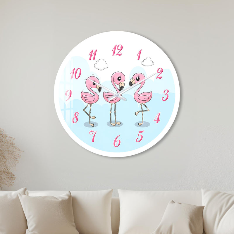 Bulutlarda Üç Flamingo Cam Duvar Saati