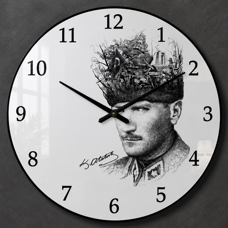Atatürk Portresi ve Zafer Anıları Cam Duvar Saati