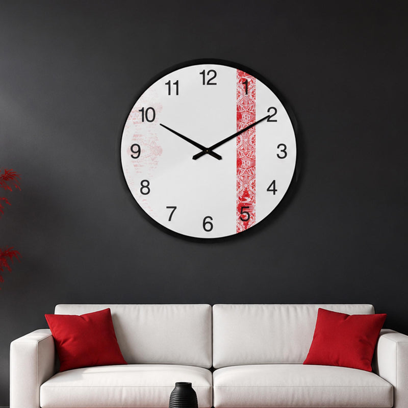 Kırmızı Mandala Şeritli Minimal Saat Cam Duvar Saati