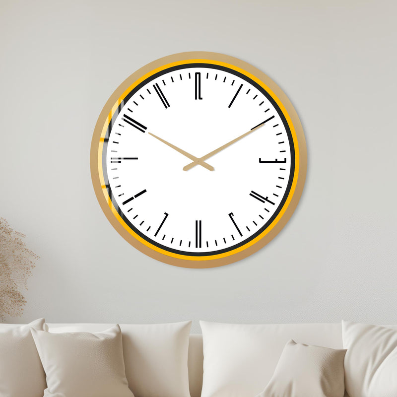 Sarı Çerçeveli Modern Saat Cam Duvar Saati