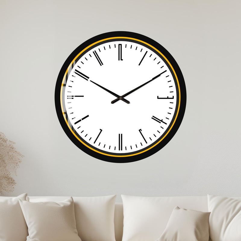 Sarı Çerçeveli Modern Saat Cam Duvar Saati