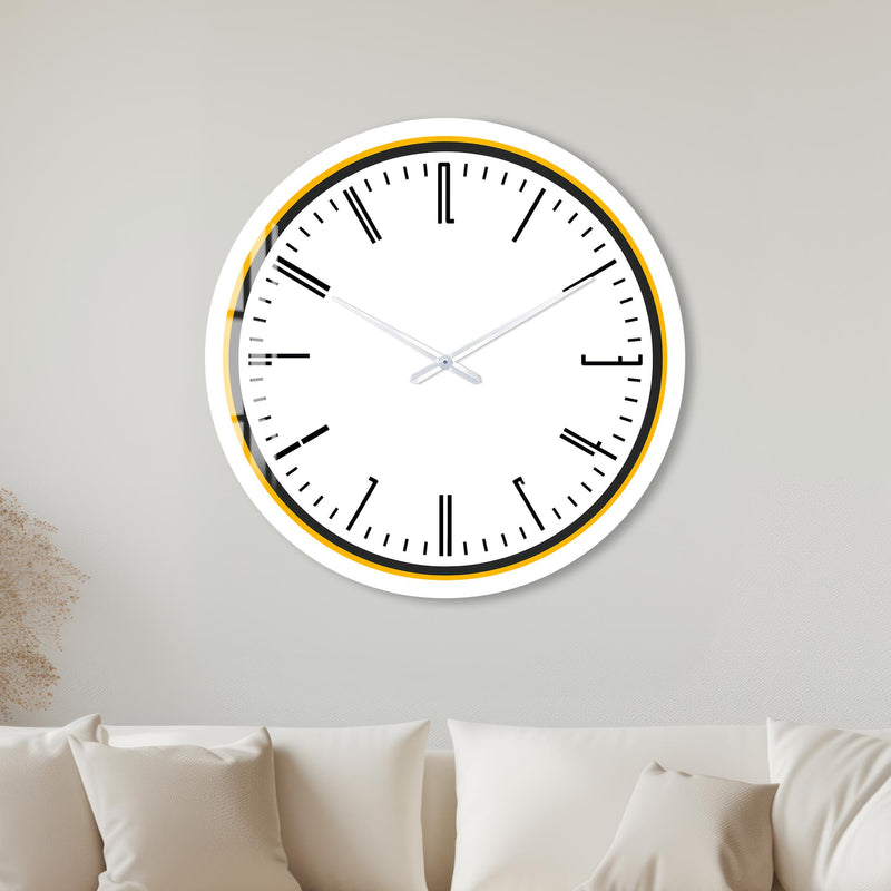 Sarı Çerçeveli Modern Saat Cam Duvar Saati