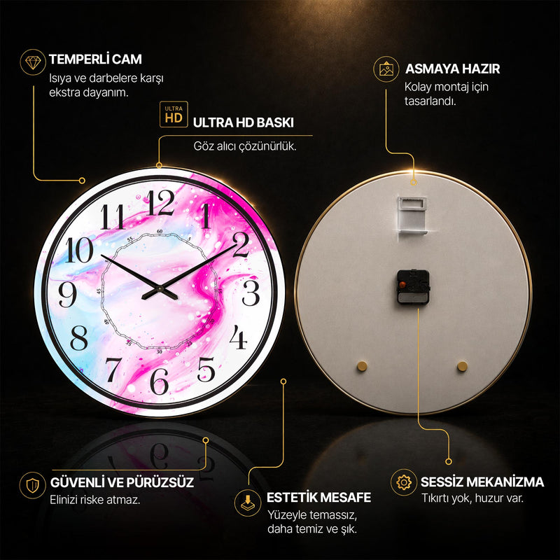 Pembe-Mavi Mermer Kronograf Saat Cam Duvar Saati