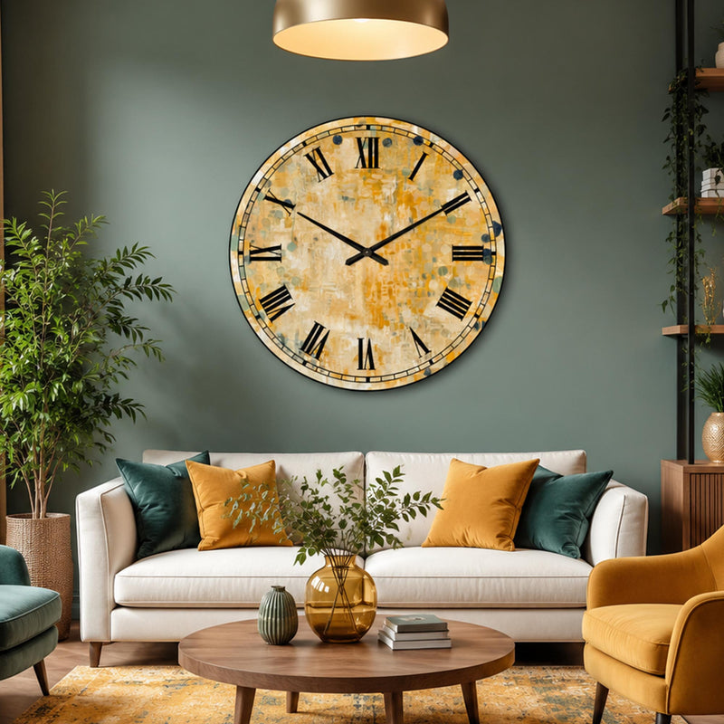 Sarı-Mavi Suluboya Noktalı Saat Cam Duvar Saati