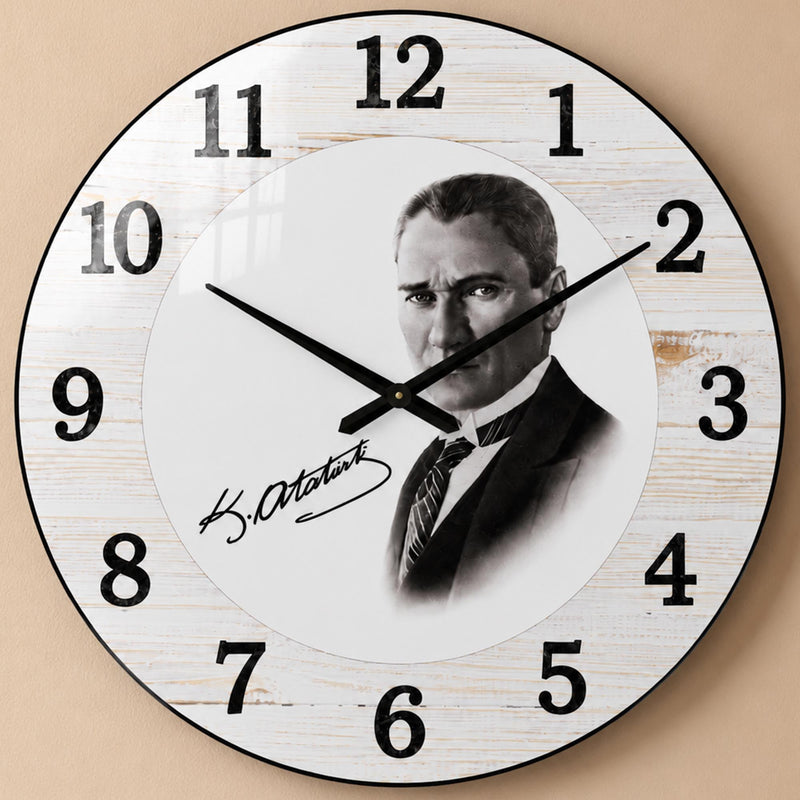 Atatürk İmzalı Ahşap Portre Cam Duvar Saati