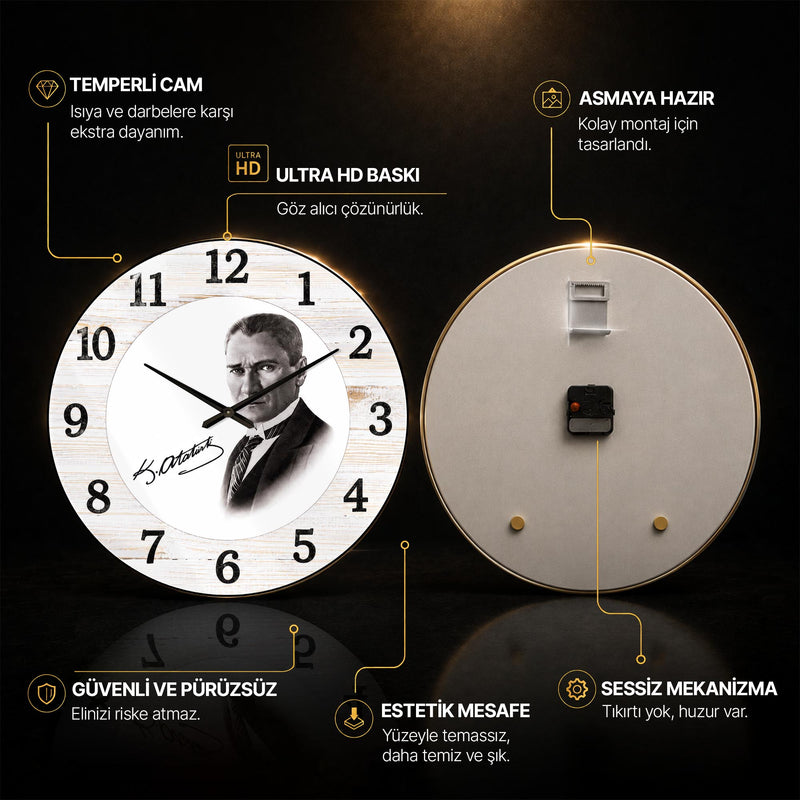 Atatürk İmzalı Ahşap Portre Cam Duvar Saati