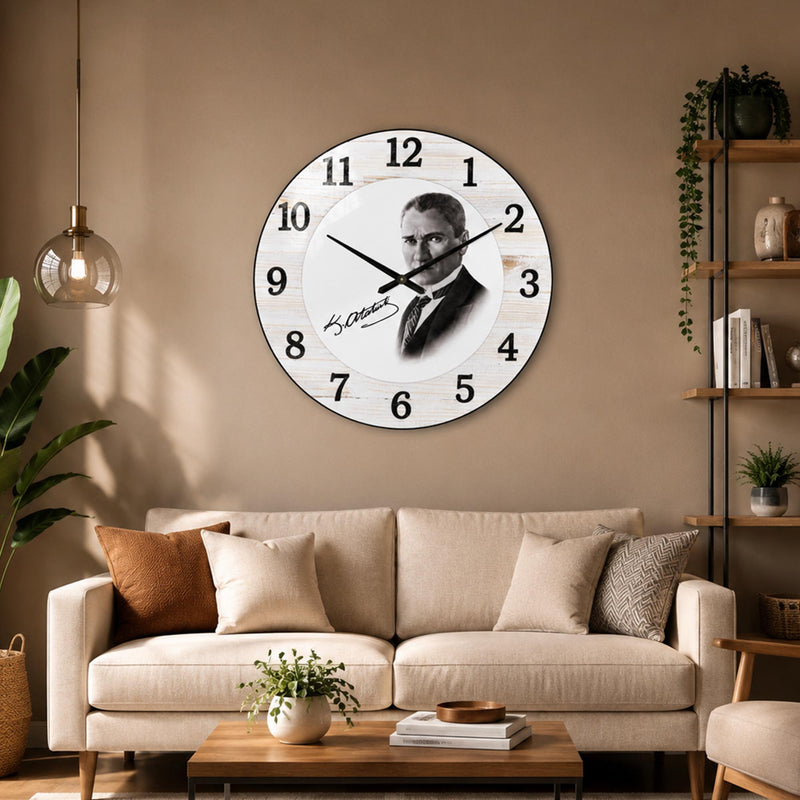 Atatürk İmzalı Ahşap Portre Cam Duvar Saati