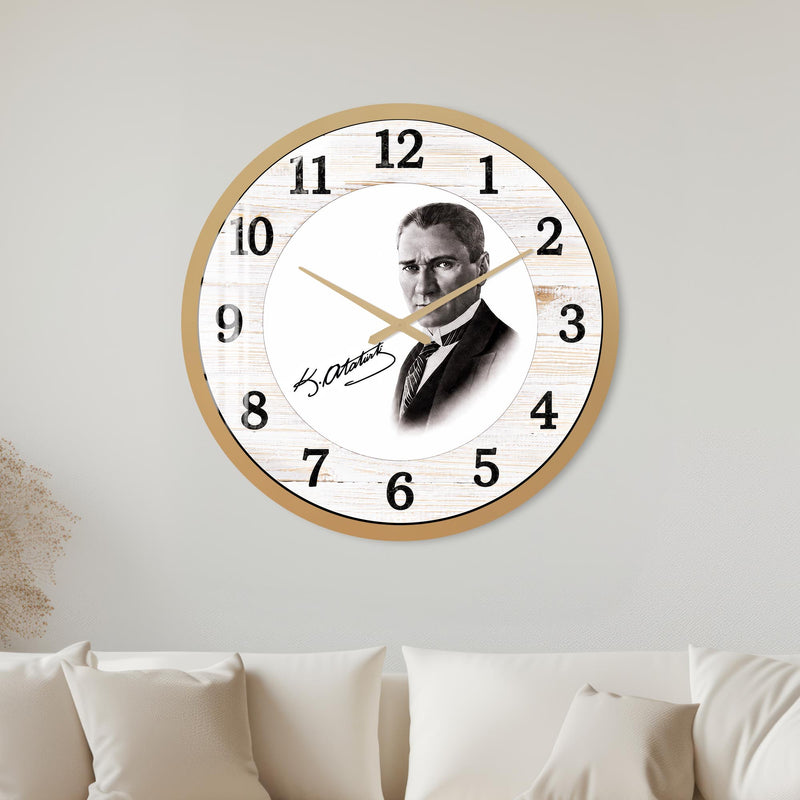 Atatürk İmzalı Ahşap Portre Cam Duvar Saati