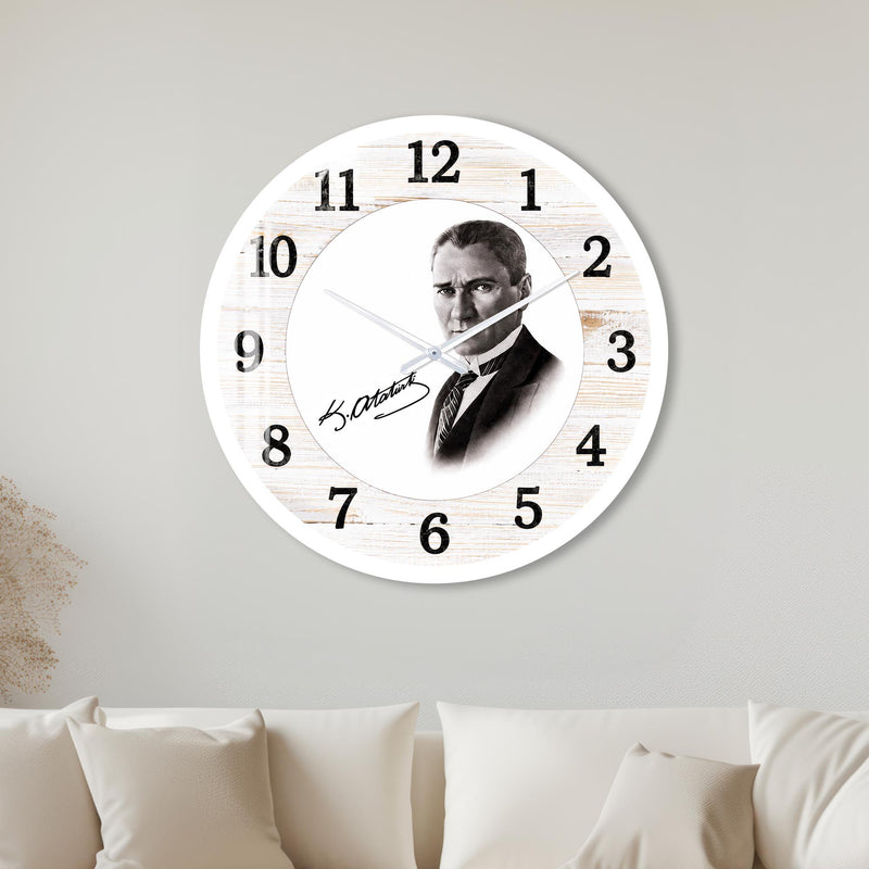Atatürk İmzalı Ahşap Portre Cam Duvar Saati