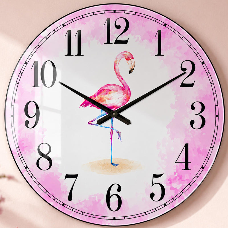 Tek Ayak Üstünde Duran Pembe Flamingo Cam Duvar Saati