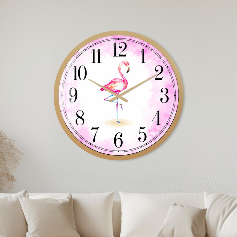 Tek Ayak Üstünde Duran Pembe Flamingo Cam Duvar Saati