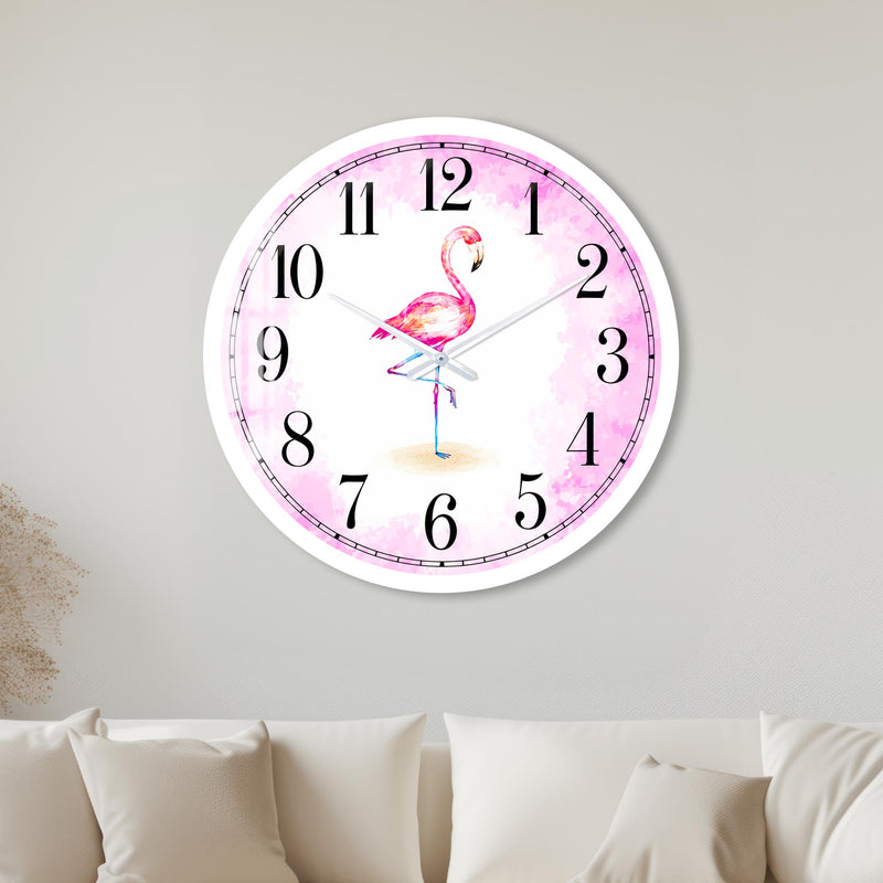 Tek Ayak Üstünde Duran Pembe Flamingo Cam Duvar Saati