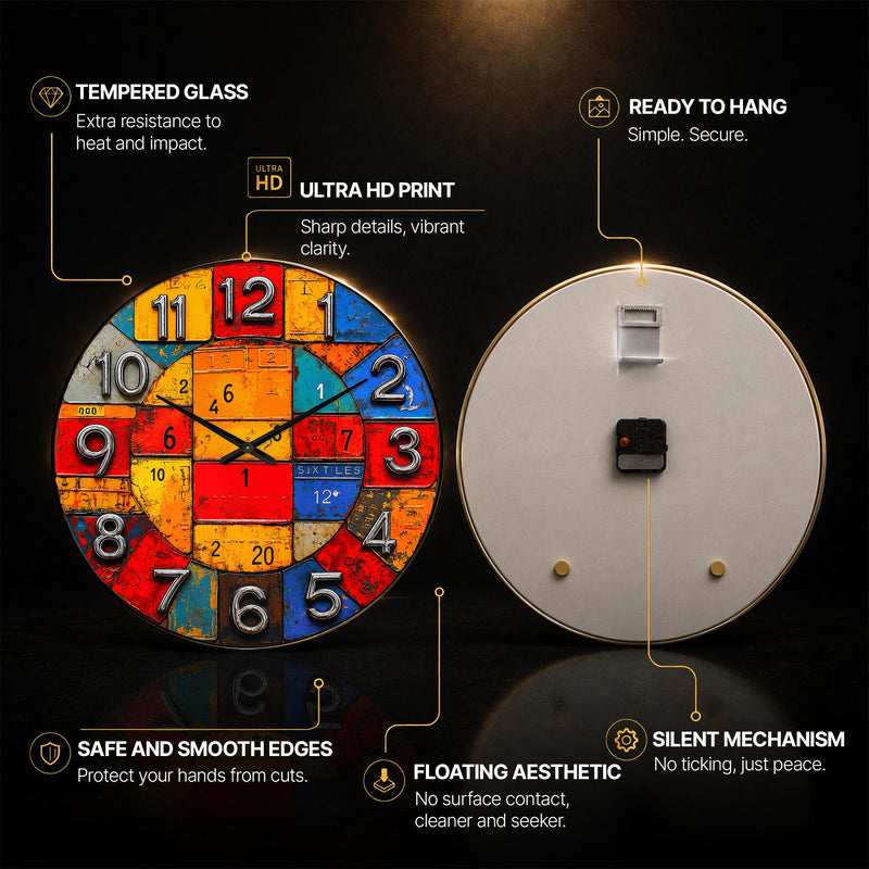 Rengarenk Metal Plakalar Cam Duvar Saati