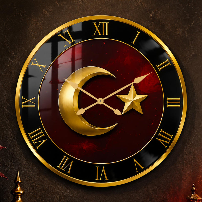 Bordo Altın Ay Yıldız Cam Duvar Saati