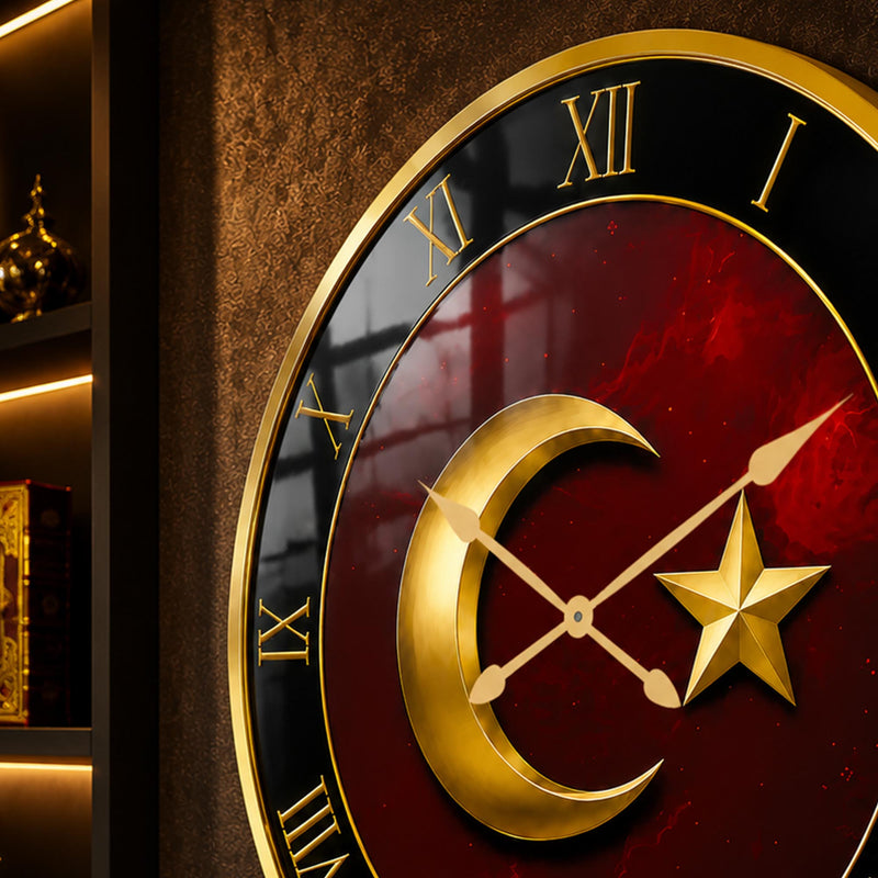 Bordo Altın Ay Yıldız Cam Duvar Saati
