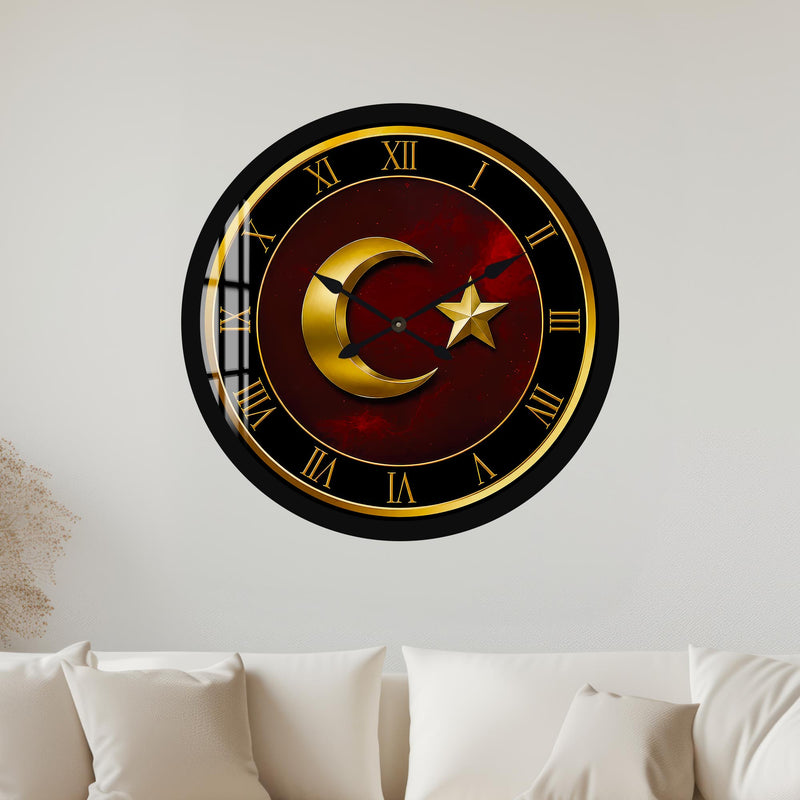 Bordo Altın Ay Yıldız Cam Duvar Saati