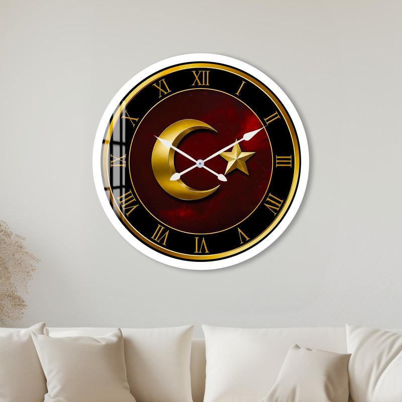 Bordo Altın Ay Yıldız Cam Duvar Saati