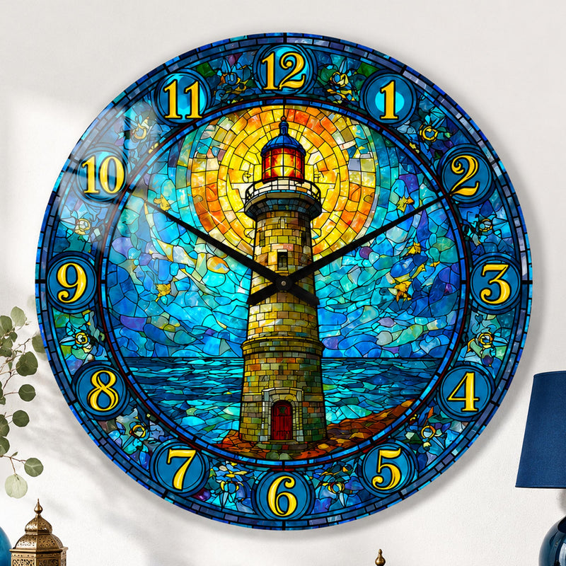Vitray Deniz Feneri Cam Duvar Saati