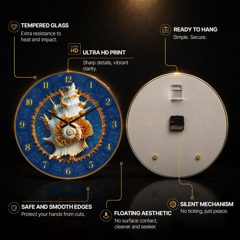 Altın Deniz Kabuğu Cam Duvar Saati