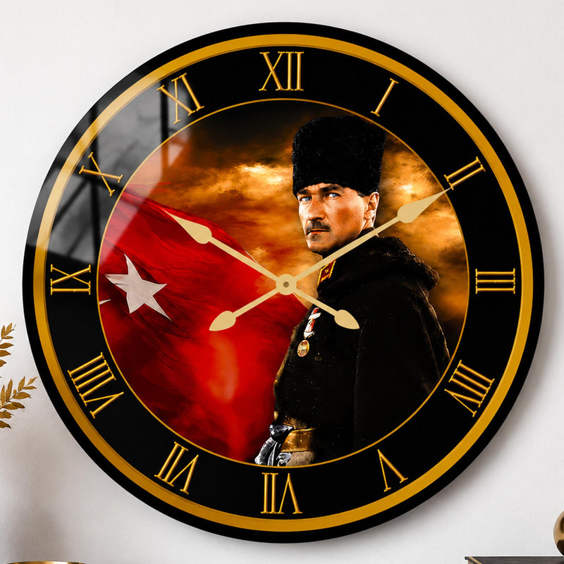 Atatürk ve Türk Bayrağı Cam Duvar Saati