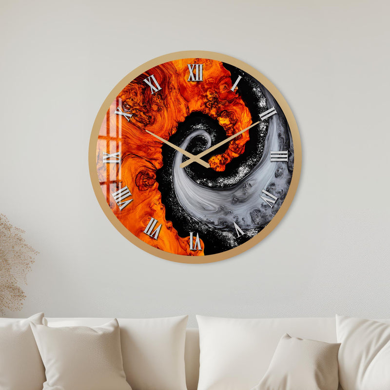 Turuncu Gri Yin Yang Cam Duvar Saati