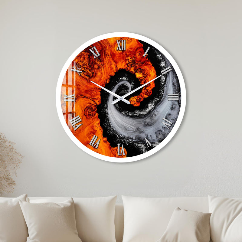Turuncu Gri Yin Yang Cam Duvar Saati