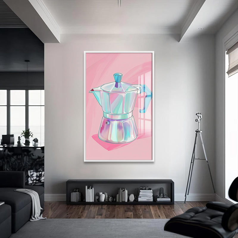 Moka Pot Desenli Cam Tablo – Beyaz Çerçeveli Cam Tablo