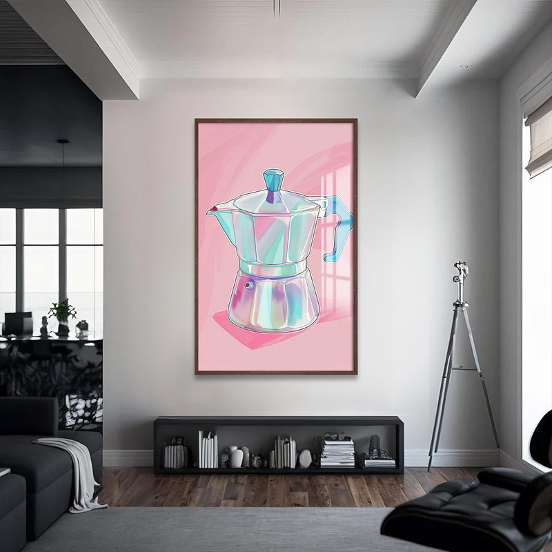 Moka Pot Desenli Cam Tablo – Ceviz Çerçeveli Cam Tablo