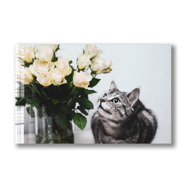Kedi ve Çiçekler Cam Tablo