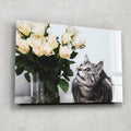 Kedi ve Çiçekler Cam Tablo