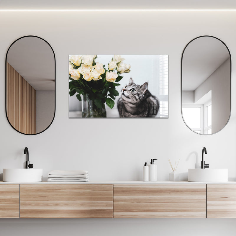 Kedi ve Çiçekler Cam Tablo