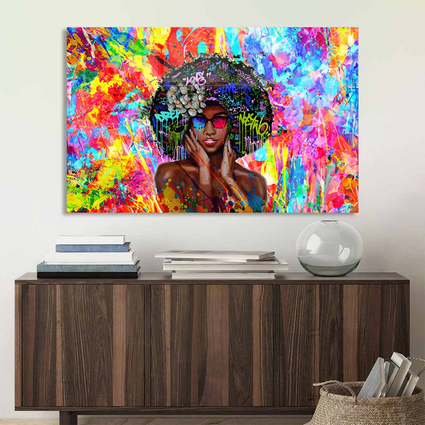 Renkli Afro Kadın Portresi Cam Tablo