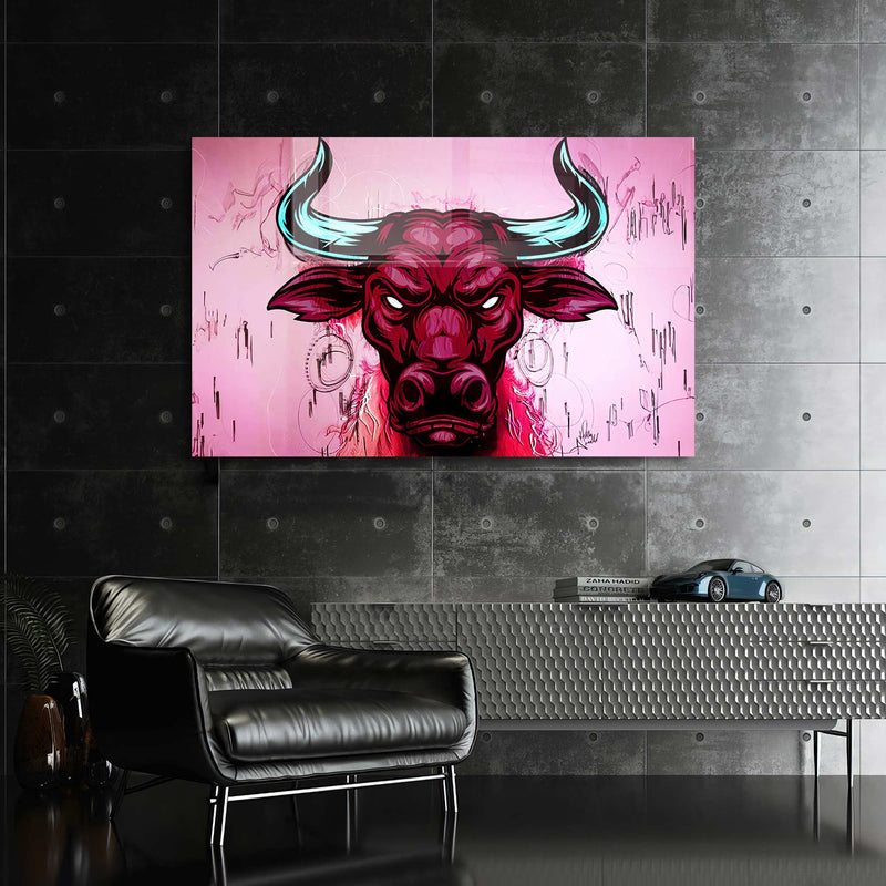 Pembe Cool Boğa Temalı Cam Tablo