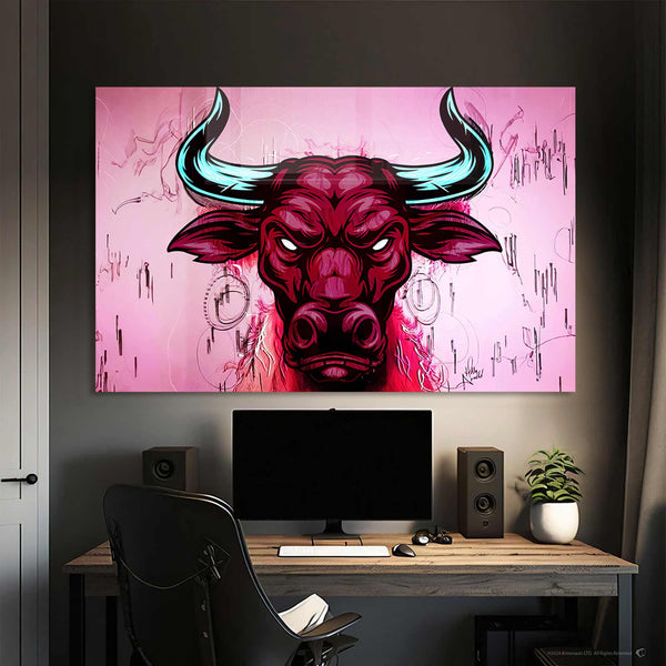 Pembe Cool Boğa Temalı Cam Tablo