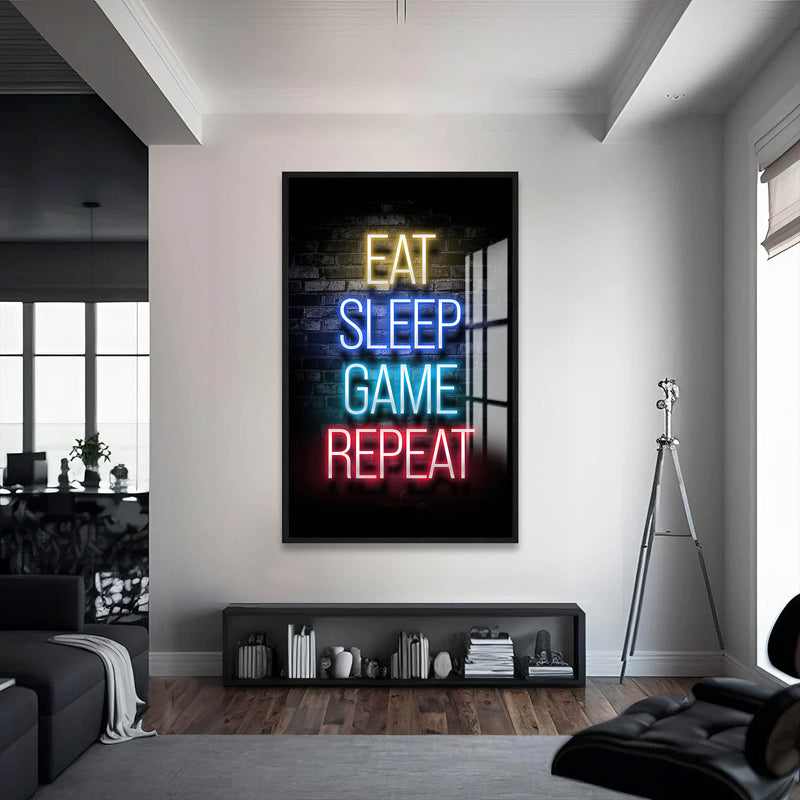 Eat Sleep Game  Renkli Cam Tablo – Siyah Çerçeveli Cam Tablo