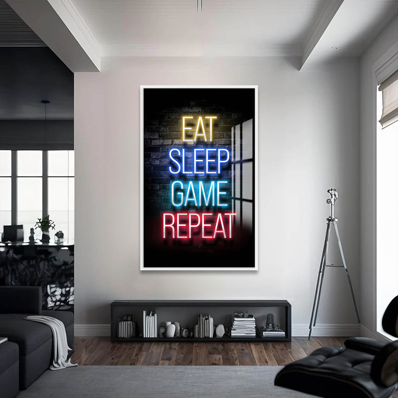 Eat Sleep Game  Renkli Cam Tablo – Beyaz Çerçeveli Cam Tablo