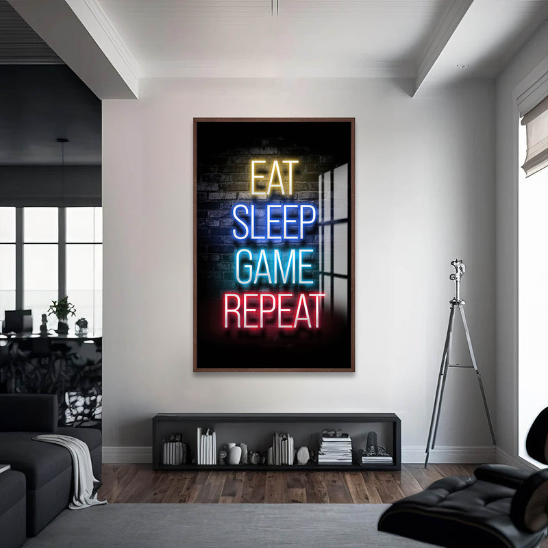 Eat Sleep Game  Renkli Cam Tablo – Ceviz Çerçeveli Cam Tablo