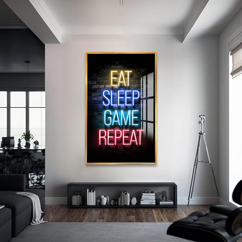 Eat Sleep Game  Renkli Cam Tablo – Altın Çerçeveli Cam Tablo