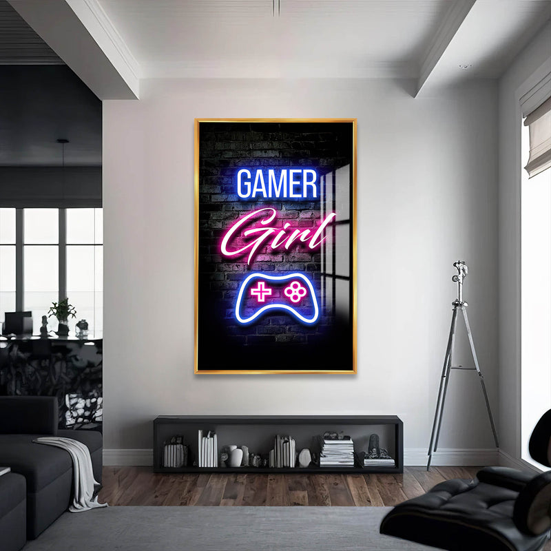 Gamer Girl Cam Tablo – Altın Çerçeveli Cam Tablo