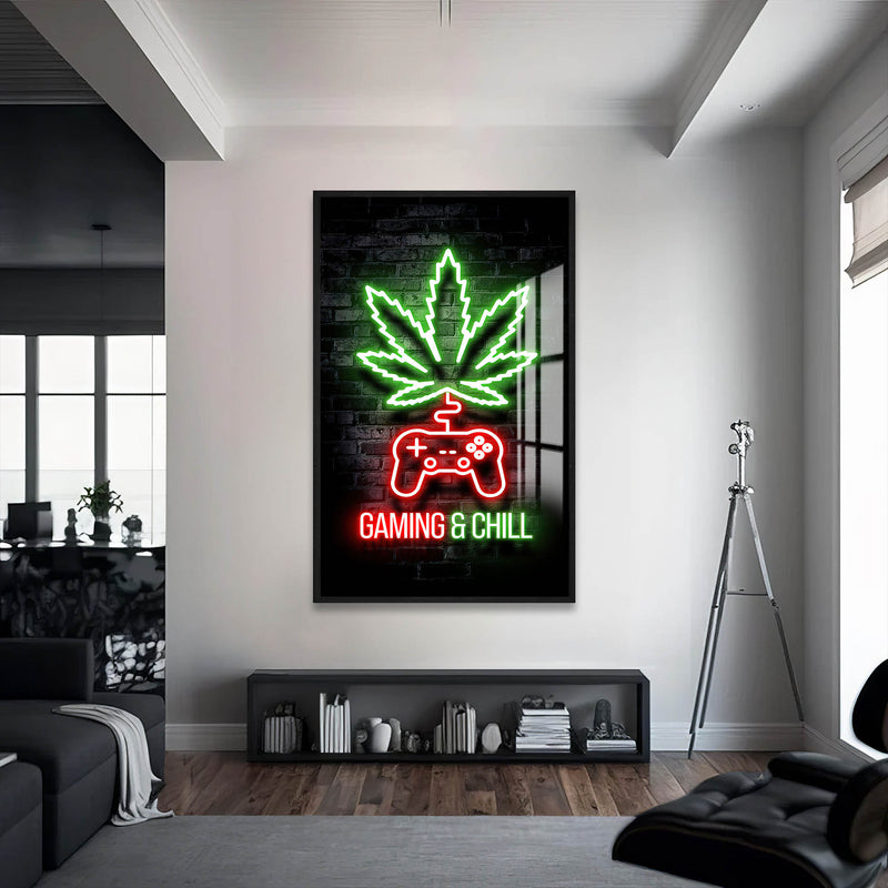 Gaming & Chill Cam Tablo – Siyah Çerçeveli Cam Tablo